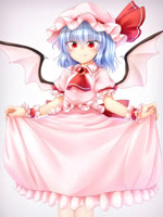 alternative_fashion blue_hair bonnet clothed clothing clothing_lift dress dress_lift fangs female hair hat headgear headwear j-fashion lolita_(fashion) membrane_(anatomy) membranous_wings mob_cap not_furry open_mouth red_eyes ribbons sailor_lolita short_hair solo teeth wings m9kndi touhou remilia_scarlet humanoid vampire 2d_animation 3:4 animated no_sound short_playtime webm