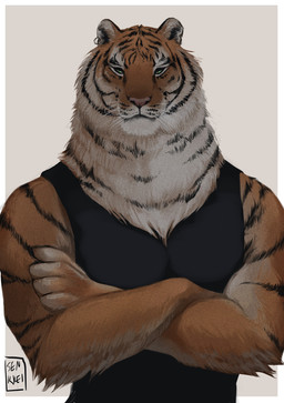 4_fingers anthro black_clothing black_topwear border clothed clothing crossed_arms detailed_fur ear_piercing ear_ring fingers front_view fully_clothed fur half-closed_eyes looking_at_viewer male manly multicolored_body multicolored_fur narrowed_eyes orange_body orange_fur piercing ring_piercing ruff shirt simple_background small_ears small_eyes solo striped_body striped_fur stripes tank_top topwear two_tone_body two_tone_fur whiskers white_border senkkei bengal_tiger felid mammal pantherine tiger 2017 character_request detailed digital_media_(artwork) half-length_portrait hi_res portrait shaded soft_shading