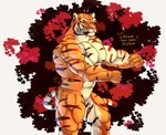 anthro big_muscles big_pecs black_body black_fur flexing flexing_bicep flexing_pec fur holidays male muscular nude orange_body orange_fur pecs simple_background solo text white_body white_fur lotu_bleu chinese_new_year chinese_zodiac year_of_the_tiger felid feline mammal pantherine siberian_tiger tiger hi_res