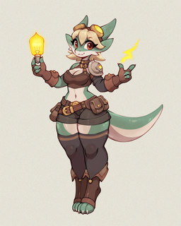 accessory anthro armor bottomwear claws clothed clothing electricity electricity_manipulation elemental_manipulation eyewear eyewear_on_head female fingerless_gloves gloves goggles goggles_on_head green_body green_skin handwear hip_bag legwear light_bulb looking_at_viewer orange_eyes shorts simple_background solo tail thick_thighs thigh_highs topwear wide_hips asimos kobold scalie 4:5 hi_res