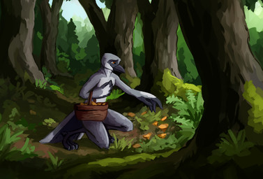 anthro avian_feet basket beak container feathers feet forest holding_basket holding_container holding_object kneeling male plant smile solo tail tail_feathers talons toes tree tazal avian bird absurd_res digital_media_(artwork) hi_res