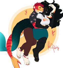 anthro clothed clothing duo female hair licking male male/female simple_background slightly_chubby smile tongue tongue_out redpixie hugo_(furmermaid) zalia_(furmermaid) aquatic felid feline fish mammal shark hi_res