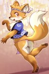 ambiguous_gender anthro blush butt canid canine clothed clothing fox fur hi_res japanese_text mammal melonleaf smile solo text translated