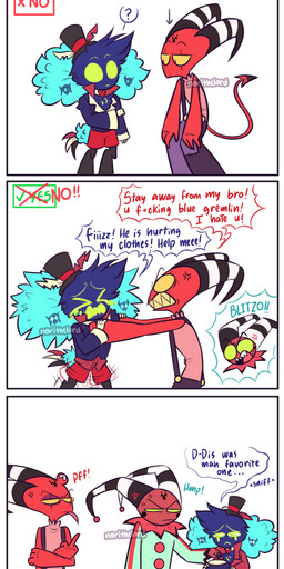 3_panel_comic aged_down angry anthro bandage blue_body blue_clothing blue_feathers blue_shirt blue_topwear bodily_fluids bottomwear bruised bruised_eye clothing clown_costume cross-popping_vein crouching crying dialogue feather_hair feathers fist forehead_tattoo gesture glare grabbing_collar green_clothing green_eyes green_onesie green_sclera group hand_gesture head_bump holding_clothing holding_object holding_shirt holding_topwear horn male middle_finger onesie pink_clothing pink_shirt pink_topwear pseudo_hair red_body red_bottomwear red_clothing red_eyes red_shirt red_shorts red_skin red_topwear sad sharp_teeth shirt shirt_grab shorts sleeveless_shirt small_hands spade_tail striped_horn stripes suspenders tail tail_feathers tears teeth text tongue tongue_out topwear trio yelling yellow_sclera young norithelord hellaverse helluva_boss how_to_talk_to_short_people asmodeus_(helluva_boss) blitzo_(helluva_boss) fizzarolli_(helluva_boss) avian avian_demon bird chicken demon galliform humanoid imp phasianid 2023 absurd_res artist_name comic english_text hi_res meme watermark