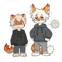 anthro black_clothing black_hoodie black_topwear blue_eyes bottomwear cheek_tuft chibi clothed clothing countershade_face countershading duo ear_piercing facial_tuft fur hair hoodie inner_ear_fluff kemono looking_at_viewer male orange_body orange_fur pants piercing simple_background smile smiling_at_viewer tail topwear tuft white_background young young_anthro young_male milkybot hu_ku_li_(milkybot) domestic_cat felid feline felis mammal 1:1 2022 hi_res