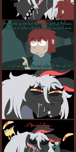 blush blush_lines boots cloak clothing duo eye_bags eyelashes female feral footwear fur grey_body grey_fur hair hooves larger_female long_eyelashes long_neck male male/female petting red_eyes red_hair shoes size_difference smaller_male teeth text white_hair yellow_eyes yellow_sclera shane_frost demon equid equine horse human mammal monster absurd_res comic english_text hi_res