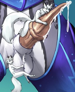 animal_genitalia animal_penis anthro antlers balls bodily_fluids cum cum_on_penis cum_string erection extreme_size_difference feet fur genital_fluids genitals group holding_balls horn hugging_penis lying macro male male/male nude on_front open_mouth penis size_difference tail toes trio lorenzobrezo canid canine canis deer hybrid mammal wolf digital_media_(artwork)