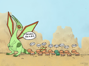 ambiguous_gender antennae_(anatomy) claws cliff curious desert dirt feral green_body green_skin group insect_wings looking_back mountain no_pupils orange_body orange_skin outside quadruped red_eyes sand size_difference speech_bubble tail_fan text wings young dogpasta nintendo pokemon arthropod flygon generation_3_pokemon insect pokemon_(species) shiny_pokemon trapinch english_text hi_res signature parent_(lore) parent_and_child_(lore)