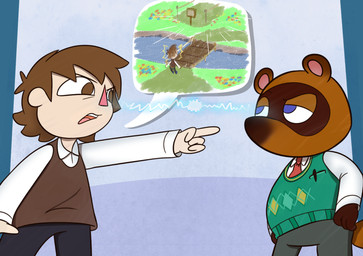 4_fingers anthro black_bottomwear black_clothing black_pants blue_eyes bottomwear bridge brown_body brown_clothing brown_eyes brown_fur brown_hair brown_tail brown_topwear brown_vest clothed clothed_anthro clothed_human clothed_male clothing duo eye_contact fingers fully_clothed fully_clothed_anthro fully_clothed_human fully_clothed_male fur gesture green_clothing green_topwear green_vest grey_bottomwear grey_clothing grey_pants hair half-closed_eyes hand_gesture hands_on_own_hips light looking_at_another male male_anthro male_human mouthless multicolored_body multicolored_fur narrowed_eyes necktie no_pupils open_mouth pants pen pen_in_pocket pink_inner_ear pink_tongue pockets pointing pointing_at_another red_necktie red_nose river short_hair sign slightly_chubby slightly_chubby_anthro slightly_chubby_male speech_bubble standing straight_arm tail tan_body tan_skin teeth tongue topwear triangle_nose two_tone_body two_tone_fur vest white_dress_shirt cookieboy011 animal_crossing nintendo tom_nook_(animal_crossing) villager_(animal_crossing) canid canine human mammal raccoon_dog tanuki 2020 colored digital_drawing_(artwork) digital_media_(artwork) english_description lighting shaded story story_in_description