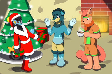 anthro beverage biped black_body black_hair blue_body boots bottomwear box candy chocolate christmas_clothing christmas_headwear christmas_tree clothed clothing container costume cup dessert female fireplace food footwear gift_box green_body green_hair group hair hat headgear headwear holding_object holidays hot_chocolate inside male mug open_mouth orange_body orange_hair plant red_sclera santa_costume santa_hat shoes shorts smile standing surprised sweater tail topwear tree trio yellow_body wolferion christmas nintendo pokemon cindy_(swack16) john_(swack16) lina_(swack16) generation_1_pokemon generation_2_pokemon generation_4_pokemon luxray pokemon_(species) quilava vulpix 2015 3:2 colored hi_res