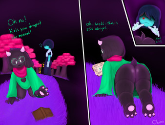 anthro big_butt black_body blue_body blue_skin book butt clothing dialogue duo eyewear gate glasses grass horn male male/male paws plant robe text tree cappuchino deltarune undertale_(series) kris_dreemurr ralsei bovid caprine darkner goat human mammal absurd_res english_text hi_res