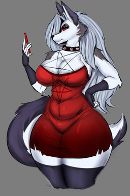 anthro big_breasts breasts cellphone cleavage clothed clothing collar dress electronics eyeshadow female fingerless_gloves gloves grey_background grey_hair hair hand_on_hip handwear holding_cellphone holding_object holding_phone legwear makeup phone red_clothing red_dress red_sclera simple_background solo spiked_collar spikes tail thick_thighs thigh_highs wide_hips corpse_eater hellaverse helluva_boss mythology loona_(helluva_boss) canid canid_demon canine demon hellhound mammal mythological_canine mythological_creature