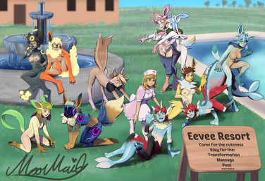 all_fours ambiguous_gender anthro apron black_hair blonde_hair blue_eyes bottomwear breasts brown_body brown_fur brown_hair building clothing collar collar_only day dress eyewear feet female female/female fin fountain fur genitals glasses glowing glowing_pawpads grass green_body group growth hair hat headgear headwear human_to_anthro leaf leaf_tail machine male membrane_(anatomy) nipples nude nurse_clothing nurse_hat nurse_headwear nurse_uniform on_one_leg open_mouth outside pants pawpads paws pink_body pink_clothing pink_dress pink_fur plant pokemorph rectangular_glasses red_body red_fur red_hair shirt sign sitting smile soles species_transformation spread_legs spreading standing surprised swimming_pool tail tail_growth text toes topwear torn_clothing transformation uniform vulva water webbed_hands white_apron white_clothing yellow_body yellow_fur moomaid nintendo pokemon akorm_(conkerc12) alice_lovage cassan_(bowband) juniper_(moomaid) lazhannya mystic_(mysticaldeer) samantha_(cinnamimi) tara_greenfield xavier_(fox_sinz) eevee eeveelution elemental_creature espeon flareon flora_fauna generation_1_pokemon generation_2_pokemon generation_4_pokemon generation_6_pokemon glaceon human jolteon leafeon mammal pokemon_(species) protogen sylveon umbreon vaporeon 2026 absurd_res digital_media_(artwork) english_text hi_res trans_(lore) trans_woman_(lore)