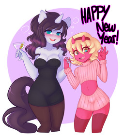 anthro black_hair blonde_hair blue_body blue_fur blush bottomwear breasts bulge cleavage clothed clothing dress drunk duo exclamation_point female femboy fur glass green_eyes hair horn legwear long_hair looking_at_viewer male midriff navel open_mouth red_body red_skin simple_background skirt smile standing stockings substance_intoxication teeth text tight_clothing senseidezzy mythology demon equid equine mammal mythological_creature mythological_equine unicorn 2014 absurd_res english_text hi_res