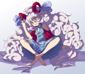 accessory bare_shoulders barefoot blue_clothing blue_dress bovid_horn caprine_horn clothing crossed_legs dress ear_piercing ear_ring feet female furgonomics grin hair horizontal_pupils horn horn_accessory horn_ribbon humanoid_pointy_ears long_hair looking_at_viewer piercing pointy_ears pupils red_eyes red_horn ribbons ring_piercing sharp_teeth sitting smile solo teeth white_hair syope touhou yuuma_toutetsu animal_humanoid bovid bovid_humanoid caprine caprine_humanoid horned_humanoid humanoid mammal mammal_humanoid
