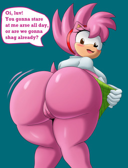 accessory anthro big_butt black_nose blush bottomwear breasts british_accent brown_eyes butt clothed clothing female fur genitals gloves green_bottomwear green_clothing green_skirt handwear headband knock-kneed looking_at_viewer looking_back motion_lines no_underwear open_mouth open_smile pink_body pink_fur presenting presenting_hindquarters raised_bottomwear raised_clothing raised_skirt shirt simple_background skirt smile solo talking_to_viewer text topwear vulva white_clothing white_shirt white_topwear mechspazer fleetway_comics sega sonic_the_comic sonic_the_hedgehog_(comics) sonic_the_hedgehog_(series) amy_rose amy_rose_(fleetway) eulipotyphlan hedgehog mammal absurd_res english_text hi_res shaded