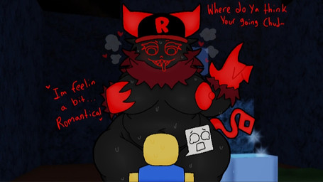 2_horns 4_fingers anthro aroused big_breasts black_body black_fur bodily_fluids breasts breath claws clothing duo female fingers fur hand_on_breast hat headgear headwear horn huge_breasts in_heat interspecies male male/female multicolored_body multicolored_fur neck_tuft nipples nude red_body red_claws red_fur red_nipples red_tail sharp_teeth shocked size_difference slightly_chubby sweat tail teeth text thick_thighs tuft domlol forsaken_(roblox) roblox guest_666_(forsaken) noob_(forsaken) demon mammal monster robloxian 16:9 widescreen nonbinary_(lore)