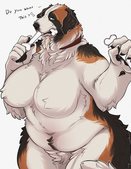 5_fingers anthro arm_tuft arms_bent asking asking_viewer belly belly_tuft big_breasts biped black_body black_fur black_nose black_pawpads black_text bone bone_in_mouth breast_tuft breasts brown_ears claws collar collar_only crotch_tuft dark_body dark_fur dialogue elbow_tuft eyelashes female finger_claws fingerpads fingers floppy_ears fluffy fur fur_tuft glistening glistening_eyes glistening_pawpads head_tuft holding_bone holding_object humanoid_hands iris leg_tuft light_body light_fur long_eyelashes looking_at_viewer monotone_breasts multicolored_body multicolored_fur naturally_censored neck_tuft nude nude_anthro nude_female open_mouth orange_body orange_fur outline overweight overweight_anthro overweight_female pawpads pink_tongue pupils purple_eyes question red_collar sharp_teeth shoulder_tuft simple_background snout solo standing tail talking_to_viewer teeth text textured_background thick_thighs three-quarter_view tongue tuft white_background white_body white_breasts white_claws white_fur white_outline white_pupils white_sclera white_tail yes-no_question nekomata_ftnr canid canine canis domestic_dog mammal molosser mountain_dog saint_bernard 2025 digital_drawing_(artwork) digital_media_(artwork) english_text hi_res pictographics portrait three-quarter_portrait