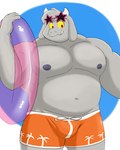 anthro bottomwear bulge clothing eyewear eyewear_on_head fur grey_body grey_fur horn male musclegut muscular muscular_anthro muscular_male navel nipples pecs shorts solo sunglasses sunglasses_on_head swim_ring swimwear falls-down-steps kings_of_hell enfer_belial bovid caprine goat mammal 4:5 hi_res