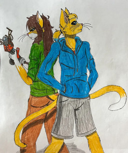 anthro basketball_shorts blonde_hair blue_eyes bottomwear brown_hair clothing dipstick_ears dipstick_tail drawstring_hoodie duo ear_markings ear_piercing ear_ring female fur gloves_(marking) hair hoodie long_whiskers male markings multicolored_ears pants piercing ponytail portal_device ring_piercing shadow simple_background sweatpants tail tail_markings topwear whisker_spots whiskers white_body white_fur yellow_body yellow_fur dylanaildon_no_2 mojala_(dylanaildon_no_2) mojo_(dylanaildon_no_2) domestic_cat felid feline felis mammal hi_res traditional_media_(artwork) brother_(lore) brother_and_sister_(lore) sibling_(lore) sister_(lore) twins_(lore)