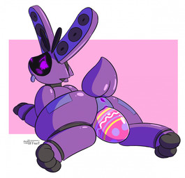 3_toes anus black_body black_skin blush blush_lines cheek_tuft curling_toes easter_egg egg facial_tuft feet female feral genitals geometric_background heart_eyes heart_symbol holidays long_ears lying machine non_oviparous_oviposition on_front oviposition pink_background purple_body purple_eyes purple_skin screen screen_face scut_tail short_tail simple_background solo tail toes tongue tongue_out tuft vulva white_background nulloffset easter smath_(smathrar) lagomorph leporid mammal rabbit robot 2023 hi_res signature trans_(lore) trans_woman_(lore)