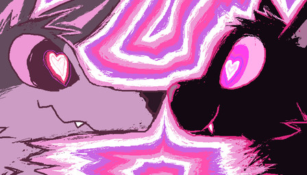 abstract_background ambiguous_gender black_body black_fur brown_body brown_fur duo fangs feral fur heart_pupils heart_symbol kiss_on_nose kissing nose_to_nose romantic romantic_couple side_view smile teeth demensa canid canine canis domestic_cat felid feline felis mammal wolf 2023 7:4 headshot_portrait pink_theme portrait