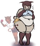 anthro barefoot belly belly_overhang belly_rolls big_belly blush bottomwear brown_hair clothing covered_eyes crop_top dessert doughnut duo feet female food hair hair_over_eyes holding_food holding_object hotpants markings midriff navel open_mouth overweight overweight_anthro overweight_female pants pastry red_body red_skin shirt shorts simple_background size_difference spots spotted_markings standing tail tank_top topwear white_background pewbutt snow_(pewbutt) domestic_cat felid feline felis lynx mammal 2014 hi_res