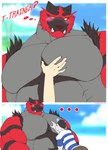 2022 anthro barazoku biped black_body black_fur blush chest_grab daily-incineroar digital_media_(artwork) duo elio_(pokemon) faceless_character faceless_human faceless_male fangs fur generation_7_pokemon grey_body grey_fur hand_on_chest hand_on_pecs hi_res human incineroar larger_anthro larger_male lucky_skebe male male/male mammal muscular muscular_anthro muscular_male nintendo outside pec_grab pecs pokemon pokemon_(species) red_body red_fur size_difference smaller_human teeth yellow_sclera