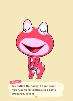 anthro barely_visible_breasts biped breasts dialogue eyelashes eyes_closed female markings nude nude_anthro nude_female open_mouth open_smile pink_body simple_background smile solo spots spotted_body tan_background text impstripe animal_crossing nintendo puddles_(animal_crossing) amphibian frog english_text hi_res