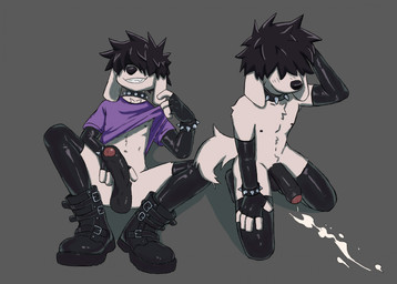 after_orgasm anthro armwear bodily_fluids boots bracelet clothed clothing clothing_lift collar crouching cum cum_on_ground erection footwear foreskin genital_fluids genitals grey_background hair hair_over_eyes hand_behind_head humanoid_genitalia humanoid_penis jewelry kneeling latex latex_armwear latex_clothing latex_footwear male penis presenting presenting_penis purple_clothing shirt shirt_lift shoes simple_background smile smirk solo spiked_bracelet spiked_collar spikes tail topwear white_tail filgrap canid canine canis domestic_dog mammal hi_res