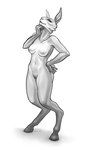 anthro big_ears breasts female genitals hand_on_chin hand_on_hip hooves navel nipples nude pussy short_tail solo standing tail tertia_decima anna_(validheretic) goblin humanoid lagomorph leporid mammal hi_res monochrome