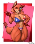 4_fingers abs american_flag_bikini anthro athletic athletic_anthro athletic_female big_breasts bikini black_nose blue_eyes breasts cleavage clothed clothing ear_piercing ear_ring female fingers flag flag_bikini flag_clothing flag_print flag_swimwear fur gesture hand_gesture inner_ear_fluff muscular muscular_anthro muscular_female navel navel_piercing one_eye_closed orange_body orange_fur piercing print_bikini print_clothing print_swimwear pubes ring_piercing smile solo swimwear thick_thighs tuft two-piece_swimsuit under_boob v_sign wink dino20bryan zoey_felix canid canine fox mammal 2021 absurd_res hi_res portrait signature three-quarter_portrait