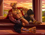 abs anthro armor balls beak bottomwear cape claws clothing digitigrade foreskin gauntlets genitals glans gloves handwear looking_at_viewer male muscular muscular_male pants penis solo toe_claws sellon mythology grover_eisenhart_vi grover_vi avian gryphon mythological_avian mythological_creature digital_drawing_(artwork) digital_media_(artwork) hi_res
