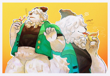anthro beanie belly beverage bottomless bottomless_anthro bottomless_male clothed clothing container cup fupa fur hair hair_over_eyes hat headgear headwear male overweight smile solo tea tea_cup tongue white_body white_fur awa_bread petit_planet mobai_(petit_planet) canid canine canis domestic_dog herding_dog mammal pastoral_dog sheepdog absurd_res hi_res
