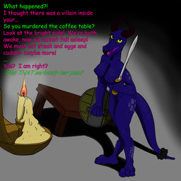 accessory anthro beak blue_body blue_scales broadsword candle dialogue duo female first_person_view furgonomics furniture green_eyes grey_background horn male male/female male_pov melee_weapon nude red_horn red_sclera scales shield simple_background sword table tail tail_accessory tail_weapon text tongue weapon doublespace human kobold mammal scalie 1:1 absurd_res english_text hi_res