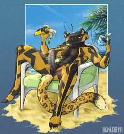 anthro beach claws ears_up eye_contact genitals looking_at_another machine male nude_anthro nude_male penis sitting solo tail tank_(vehicle) vehicle lince11 karl_(lince11) felid leopard living_machine living_tank living_vehicle mammal pantherine absurd_res hi_res