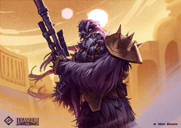 anthro armor beard belt building cloud day facial_hair fur gun holding_gun holding_object holding_ranged_weapon holding_rifle holding_weapon looking_at_viewer low-angle_view male outside pauldron pouch_(clothing) ranged_weapon rifle solo weapon marc_escachx fantasy_flight_games lucasfilm star_wars star_wars:_unlimited krrsantan mammal wookiee digital_media_(artwork) hi_res official_art