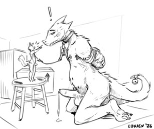 anthro bdsm bell bodily_fluids chain chain_leash collar cum cum_drip digitigrade dominant_micro dripping duo embarrassed erection extreme_size_difference feet foreskin furniture genital_fluids genitals hindpaw kneeling larger_sub leash looking_away male male/male nude paws penis size_difference standing stool submissive submissive_macro obrien_(artist) mythology canid canine dragon fox mammal mythological_creature mythological_scalie scalie 6:5 monochrome
