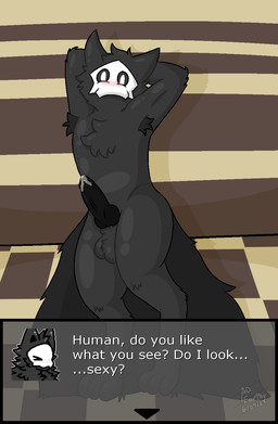 animal_genitalia animal_penis anthro armpit_hair balls big_tail black_penis blush blush_lines bodily_fluids body_hair canine_genitalia canine_penis dialogue dripping erection fur genital_fluids genitals glistening glistening_body hands_behind_head knot latex leaking_precum looking_at_viewer male pattern_background penis precum precum_drip presenting simple_background solo sprite_art tail text earthwormgd changed_(video_game) puro_(changed) canid canine canis goo_creature mammal wolf english_text hi_res