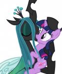 2013 arthropod badumsquish black_body changeling crown cutie_mark digital_media_(artwork) duo equid equine eyes_closed female female/female feral friendship_is_magic fur hair hasbro headgear hi_res holding_another holding_head horn insect_wings kiss_on_lips kissing looking_at_another mammal multicolored_hair my_little_pony mythological_creature mythological_equine mythology on_model purple_body purple_fur purple_hair queen_chrysalis_(mlp) simple_background surprise_kiss twilight_sparkle_(mlp) two_tone_hair unicorn white_background wings