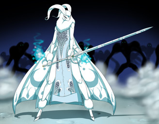 4_arms angry antennae_(anatomy) clothing dress dust_cloud female fire flaming_orb footwear glowing glowing_eyes high_heels magic melee_weapon multi_arm multi_limb pumps shoes silhouette sword weapon wings zweihander crovirus warriors_of_eternity muira_aldonesis arthropod insect lepidopteran moth absurd_res hi_res
