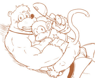 anthro baseball_cap blush bottomless bottomwear caught_in_the_act clothed clothing duo embarrassed feet hat headgear headwear holding_clothing holding_hat holding_headgear holding_headwear holding_object hug male male/male prehensile_feet shorts size_difference toes moku_nameko banjo-kazooie donkey_kong_(series) nintendo rareware banjo_(banjo-kazooie) diddy_kong bear haplorhine mammal monkey primate hi_res line_art
