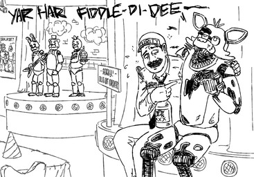 alcohol angry anthro beverage bib bow_(feature) bow_tie clothing drunk eye_patch eyewear food group hat headgear headwear hook machine open_mouth pirate scared singing stage substance_intoxication teeth top_hat worried souldozer five_nights_at_freddy's scottgames bonnie_(fnaf) chica_(fnaf) cupcake_(fnaf) foxy_(fnaf) freddy_(fnaf) mike_schmidt animatronic avian bear bird canid canine chicken fox galliform lagomorph leporid mammal phasianid rabbit robot robot_anthro 2015 black_and_white monochrome sketch