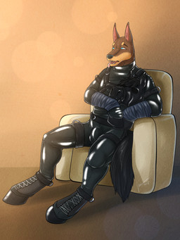 anthro armchair balls_outline bdsm black_bodysuit black_clothing black_harness black_latex black_nose black_skinsuit blue_eyes bodysuit bulge chair clothed clothing detailed_bulge fangs front_view furniture genital_outline harness latex latex_bodysuit latex_clothing latex_skinsuit male male_anthro open_mouth petplay red_tongue roleplay sheath_outline sitting skinsuit solo teeth tight_clothing tongue tongue_out hufnaar canid canine canis domestic_dog mammal 2015 3:4 absurd_res dated hi_res signature