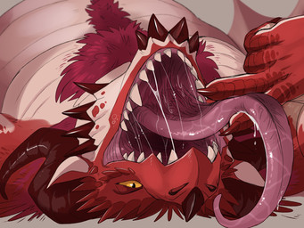 anthro bodily_fluids body_hair chest_hair claws finger_claws gesture glistening glistening_eyes hand_gesture horn long_tongue lying male mouth_shot narrowed_eyes on_back open_mouth overweight overweight_anthro overweight_male pink_tongue pointing pupils red_body red_claws red_horn saliva saliva_on_tongue saliva_string slit_pupils solo tongue tongue_out upside_down white_body yellow_eyes swampjaws mythology zartersus dragon mythological_creature mythological_scalie scalie 4:3 hi_res