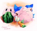 ambiguous_gender blue_eyes duo food fruit head_tuft leppa_berry melon plant pokemon_berry ribbons sitting smile tuft watermelon zukinmusume kirby_(series) nintendo pokemon kirby alien generation_1_pokemon jigglypuff pokemon_(species) waddling_head 6:5 crossover warm_colors