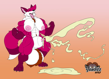 abs animal_genitalia anthro ball_tuft balls big_balls big_breasts big_muscles bodily_fluids breasts cum cum_while_sheathed ejaculation excessive_cum excessive_genital_fluids genital_fluids genitals gynomorph huge_balls huge_muscles hyper hyper_balls hyper_genitalia hyper_muscles intersex muscular muscular_anthro muscular_intersex open_mouth sheath solo thick_thighs tuft yaudizz maja_(majatek) canid canine fox mammal red_fox true_fox absurd_res hi_res
