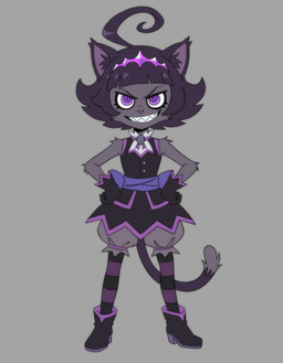 anthro anthrofied bangs black_clothing black_dress black_gloves black_handwear blunt_bangs clothing dress evil_grin female female_anthro fur gloves grey_body grey_fur grin hair handwear looking_at_viewer purple_eyes purple_hair ringed_eyes simple_background sleeveless_shirt smile solo joffrobert dragon_striker pregrina_freaks domestic_cat felid feline felis mammal full-length_portrait hi_res portrait