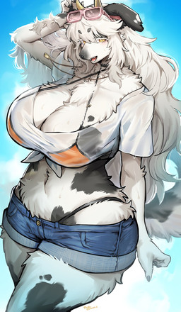 anthro bodily_fluids bottomwear breasts clothed clothing cowbell denim denim_bottomwear denim_clothing denim_shorts eyewear eyewear_on_head female floppy_ears fluffy fur hair hand_behind_head horn jewelry long_hair looking_at_viewer markings nails navel neck_tuft necklace open_mouth orange_clothing orange_swimwear pink_eyewear pink_sunglasses shorts simple_background solo spots spotted_body spotted_fur sunglasses sunglasses_on_head sweat swimwear tail thick_thighs translucent translucent_clothing tuft wet wet_body wet_clothing white_body white_fur wide_hips yellow_eyes suurin_2 oxana_(cowface) borzoi bovid bovine canid canine canis cattle dairy_cattle domestic_dog holstein_friesian_cattle hunting_dog hybrid mammal sighthound hi_res