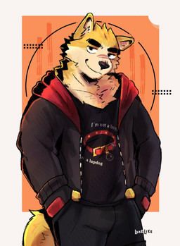 anthro black_bottomwear black_clothing black_jacket black_pants black_shirt black_topwear bottomwear clothed clothed_male clothing fur hand_in_pocket jacket male male_anthro multicolored_body multicolored_fur nose_scar pants pockets shirt simple_background solo standing text text_on_clothing text_on_topwear topwear two_tone_body two_tone_fur yellow_body yellow_fur luck_like remember_the_flowers cooper_krager canid canine canis mammal wolf 2025 english_text hi_res portrait signature three-quarter_portrait